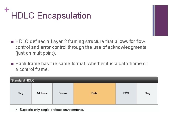 + HDLC Encapsulation n HDLC defines a Layer 2 framing structure that allows for