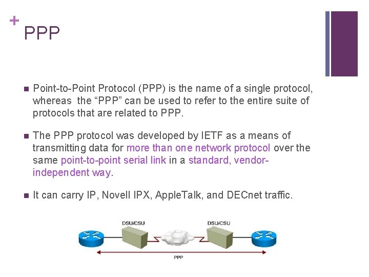 + PPP n Point-to-Point Protocol (PPP) is the name of a single protocol, whereas