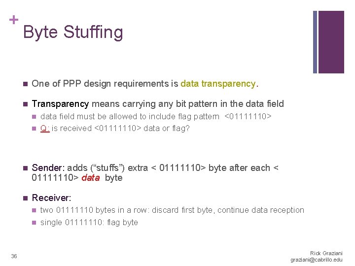 + Byte Stuffing n One of PPP design requirements is data transparency. n Transparency