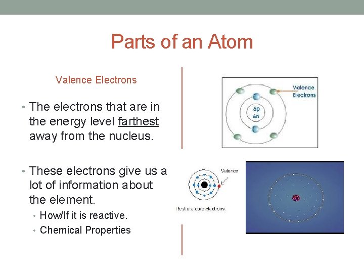 Parts of an Atom Valence Electrons • The electrons that are in the energy