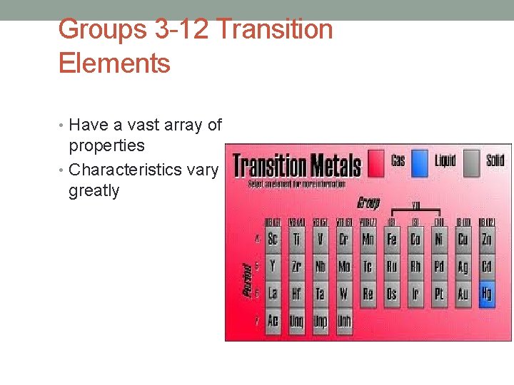 Groups 3 -12 Transition Elements • Have a vast array of properties • Characteristics