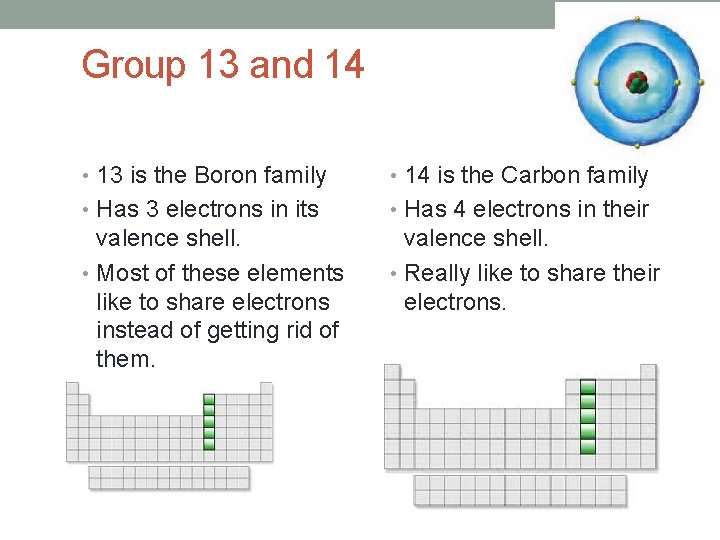 Group 13 and 14 • 13 is the Boron family • 14 is the