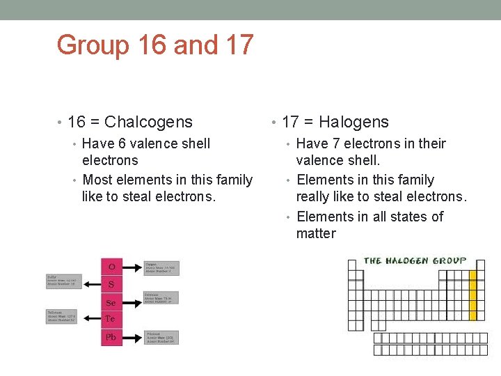 Group 16 and 17 • 16 = Chalcogens • Have 6 valence shell electrons