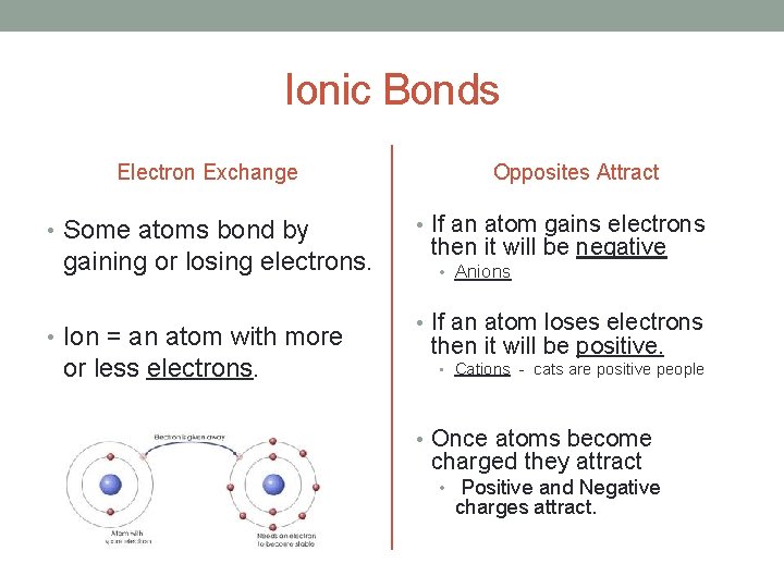 Ionic Bonds Electron Exchange • Some atoms bond by gaining or losing electrons. •