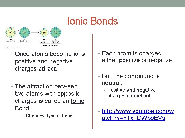 Ionic Bonds • Once atoms become ions positive and negative charges attract. • Each