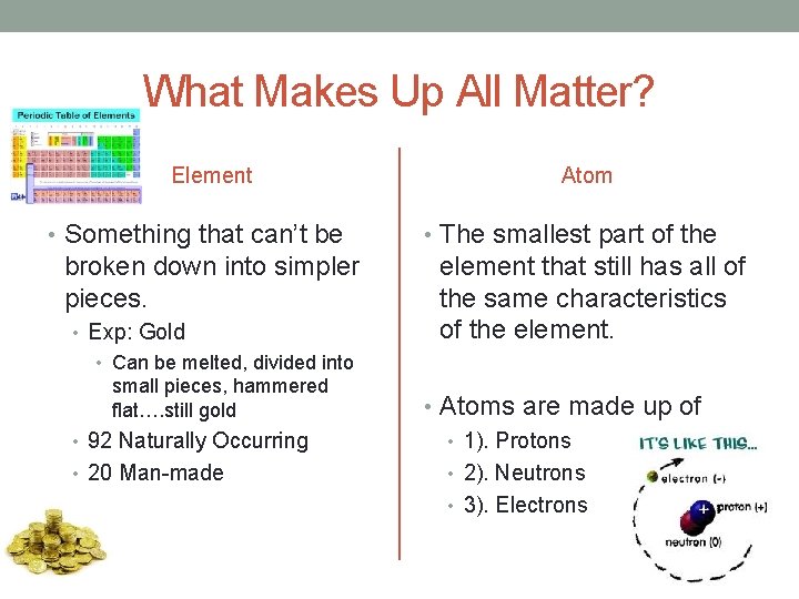 What Makes Up All Matter? Element • Something that can’t be broken down into
