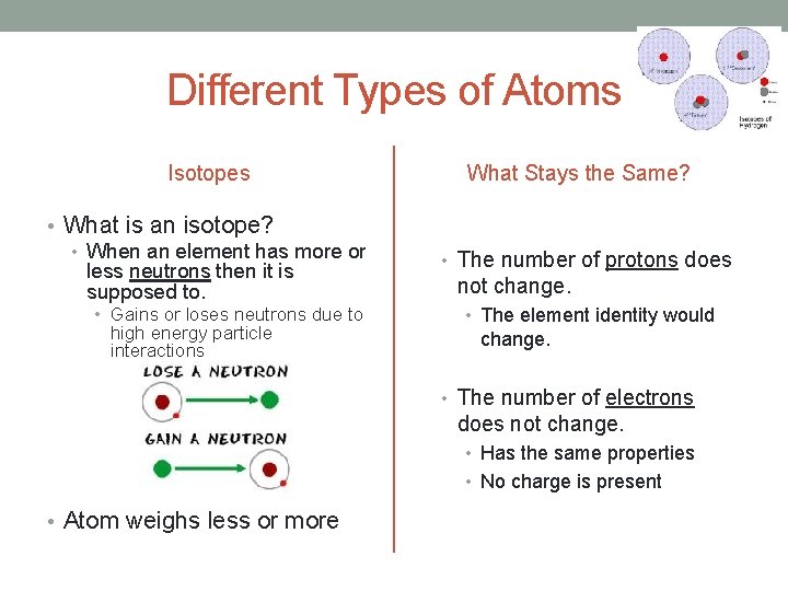 Different Types of Atoms Isotopes • What is an isotope? • When an element