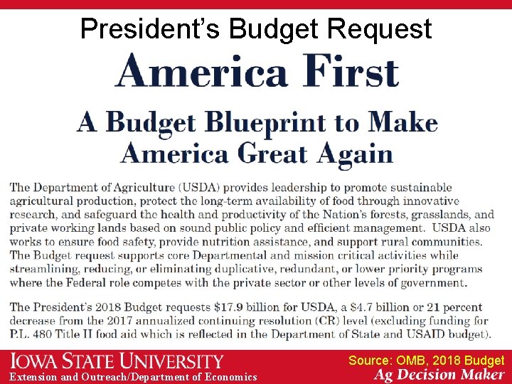 President’s Budget Request Source: OMB, 2018 Budget Extension and Outreach/Department of Economics 