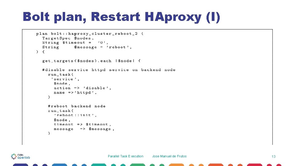Bolt plan, Restart HAproxy (I) Parallel Task Execution Jose Manuel de Frutos 13 Bolt plan, Restart HAproxy (I) Parallel Task Execution Jose Manuel de Frutos 13