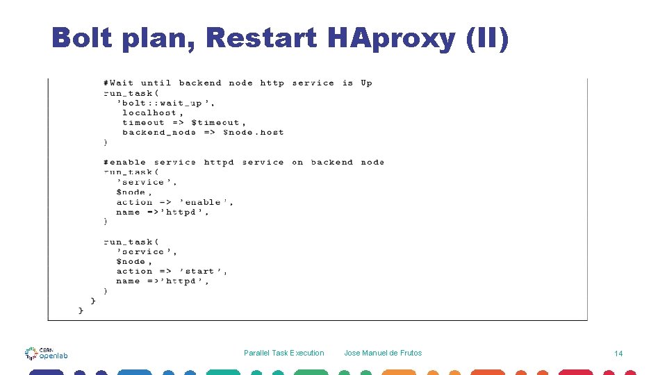 Bolt plan, Restart HAproxy (II) Parallel Task Execution Jose Manuel de Frutos 14 Bolt plan, Restart HAproxy (II) Parallel Task Execution Jose Manuel de Frutos 14