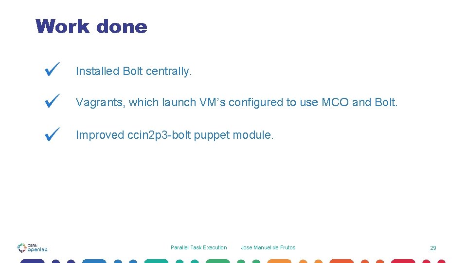 Work done Installed Bolt centrally. Vagrants, which launch VM’s configured to use MCO and Work done Installed Bolt centrally. Vagrants, which launch VM’s configured to use MCO and
