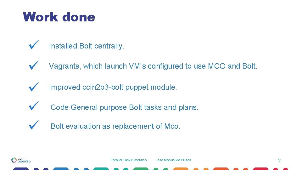 Work done Installed Bolt centrally. Vagrants, which launch VM’s configured to use MCO and Work done Installed Bolt centrally. Vagrants, which launch VM’s configured to use MCO and