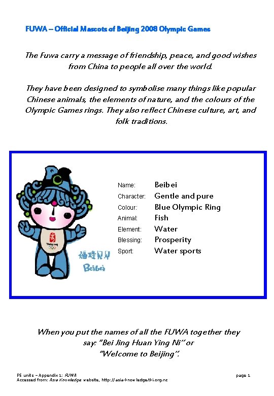 FUWA – Official Mascots of Beijing 2008 Olympic Games The Fuwa carry a message