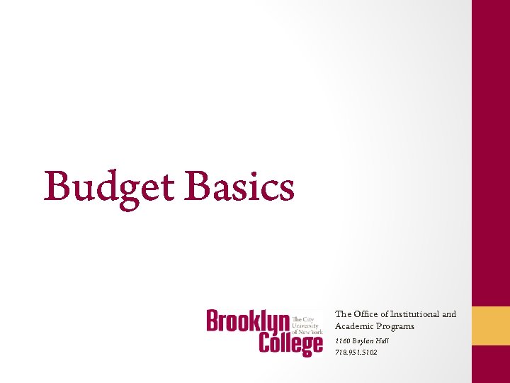 Budget Basics The Office of Institutional and Academic Programs 1160 Boylan Hall 718. 951.