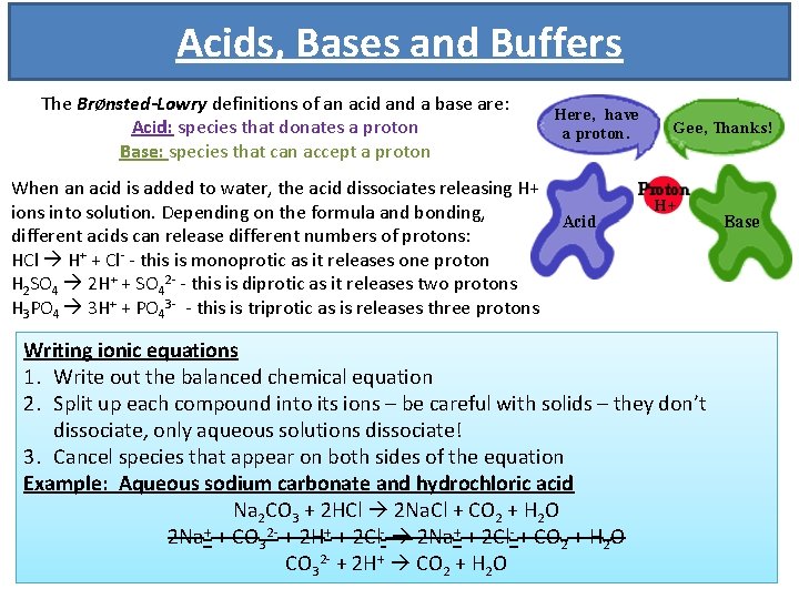 Acids, Bases and Buffers The BrØnsted-Lowry definitions of an acid and a base are: