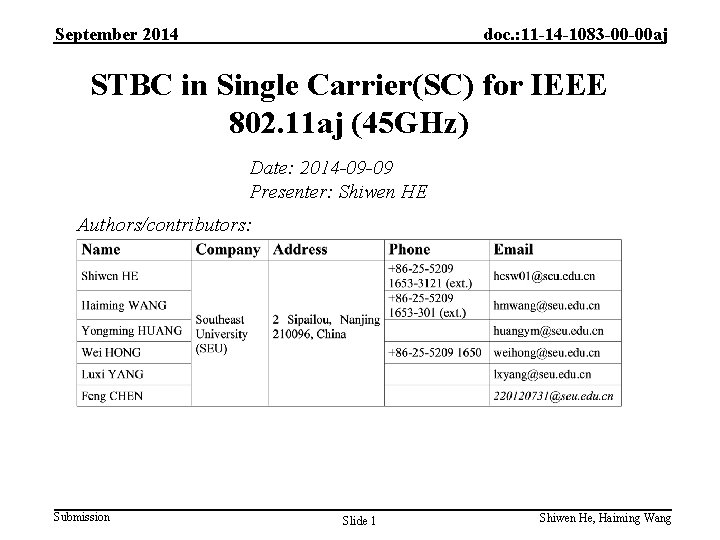 September 2014 doc. : 11 -14 -1083 -00 -00 aj STBC in Single Carrier(SC)