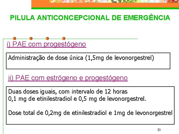 PILULA ANTICONCEPCIONAL DE EMERGÊNCIA i) PAE com progestógeno Administração de dose única (1, 5