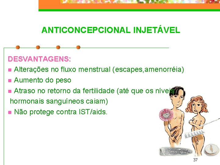 ANTICONCEPCIONAL INJETÁVEL DESVANTAGENS: n Alterações no fluxo menstrual (escapes, amenorréia) n Aumento do peso