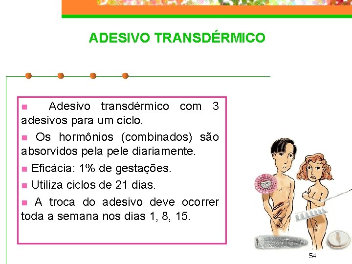 ADESIVO TRANSDÉRMICO Adesivo transdérmico com 3 adesivos para um ciclo. n Os hormônios (combinados)