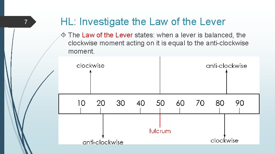 7 HL: Investigate the Law of the Lever The Law of the Lever states: