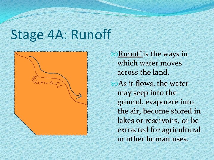 Stage 4 A: Runoff is the ways in which water moves across the land.
