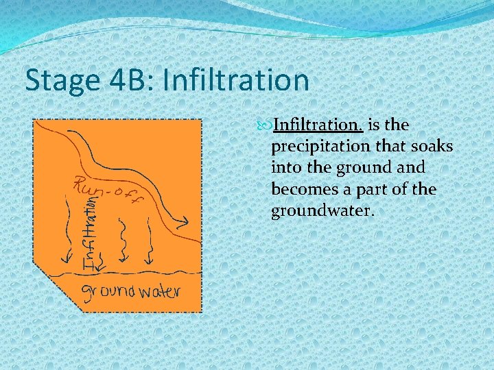 Stage 4 B: Infiltration. is the precipitation that soaks into the ground and becomes