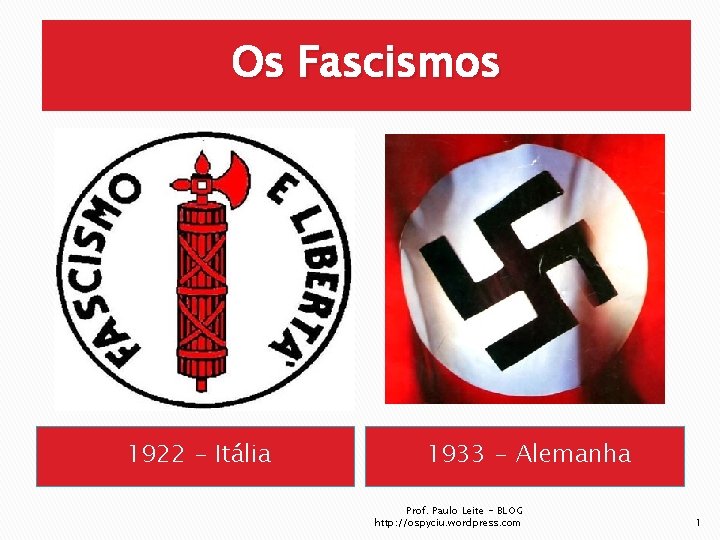 Os Fascismos 1922 - Itália 1933 - Alemanha Prof. Paulo Leite - BLOG http: