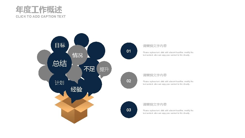 年度 作概述 CLICK TO ADD CAPTION TEXT 目标 请替换文字内容 01 情况 总结 Please replace