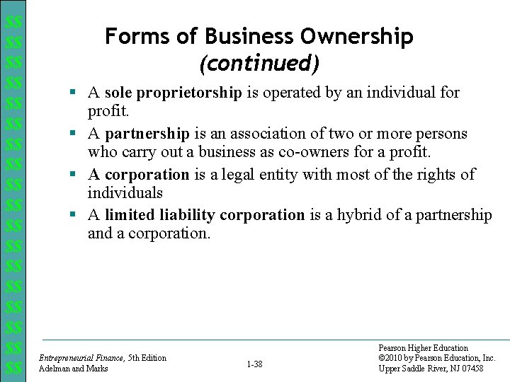 $$ $$ $$ $$ $$ Forms of Business Ownership (continued) § A sole proprietorship