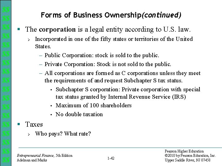 $$ $$ $$ $$ $$ Forms of Business Ownership(continued) § The corporation is a