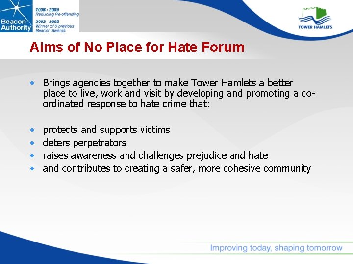 Aims of No Place for Hate Forum • Brings agencies together to make Tower