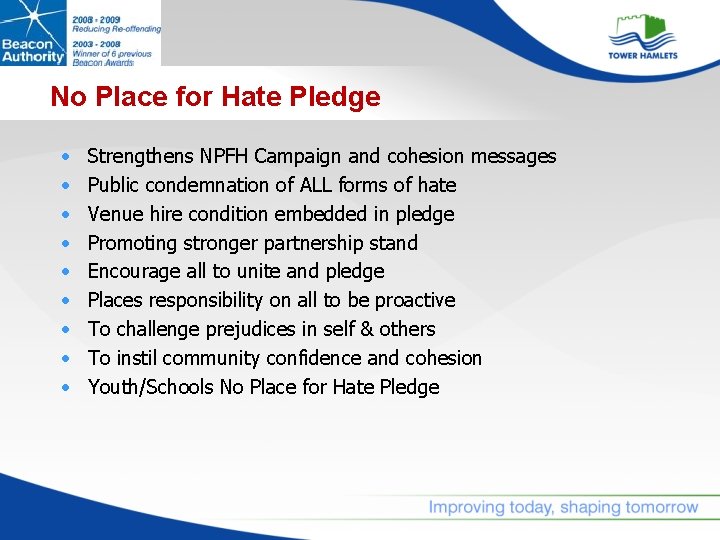No Place for Hate Pledge • • • Strengthens NPFH Campaign and cohesion messages