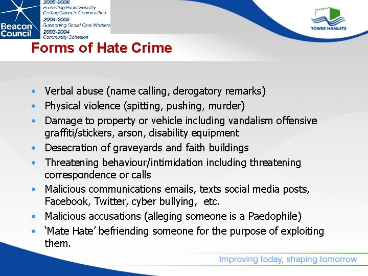 Forms of Hate Crime • Verbal abuse (name calling, derogatory remarks) • Physical violence