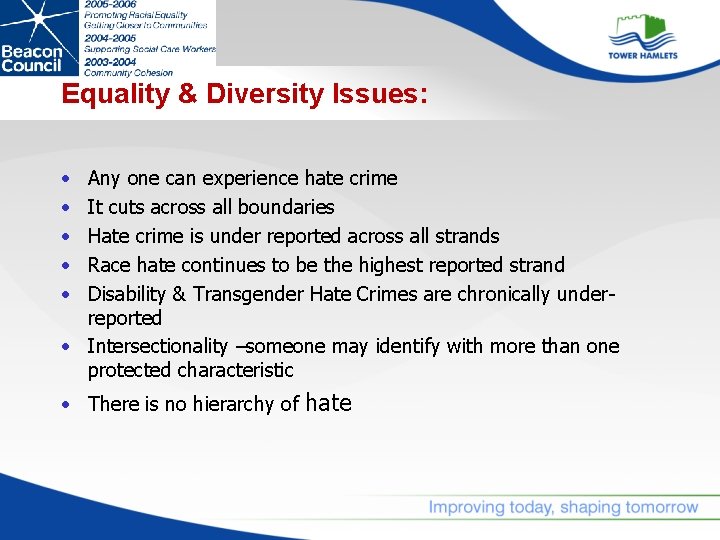 Equality & Diversity Issues: • • • Any one can experience hate crime It