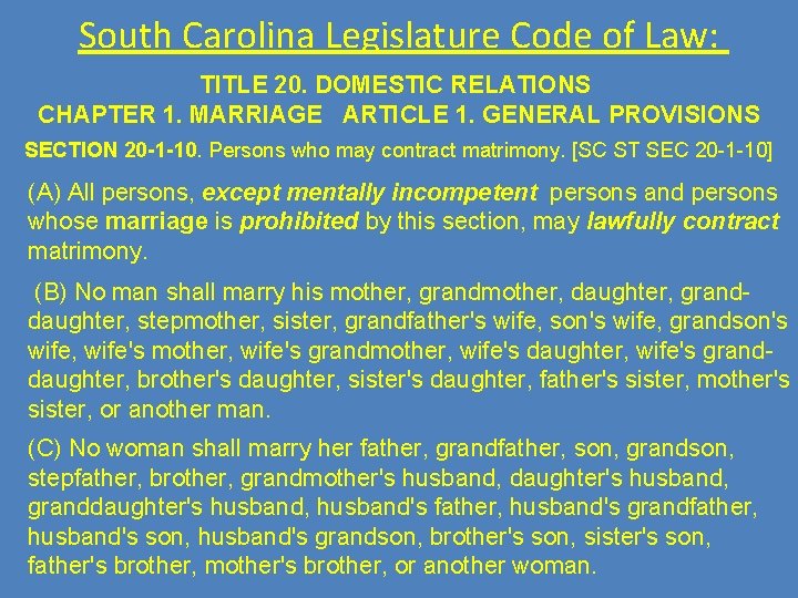 South Carolina Legislature Code of Law: TITLE 20. DOMESTIC RELATIONS CHAPTER 1. MARRIAGE ARTICLE