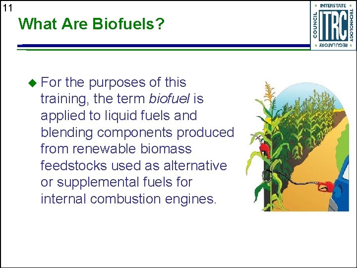 11 What Are Biofuels? u For the purposes of this training, the term biofuel