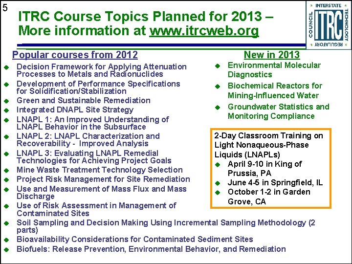 5 ITRC Course Topics Planned for 2013 – More information at www. itrcweb. org