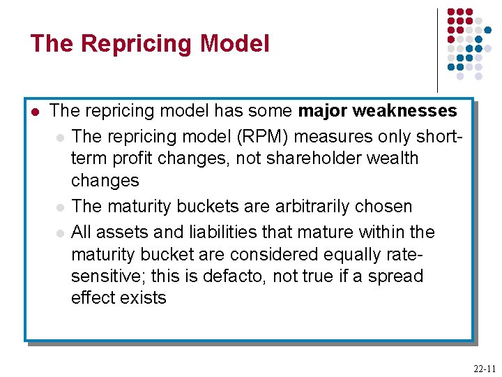 The Repricing Model l The repricing model has some major weaknesses l The repricing