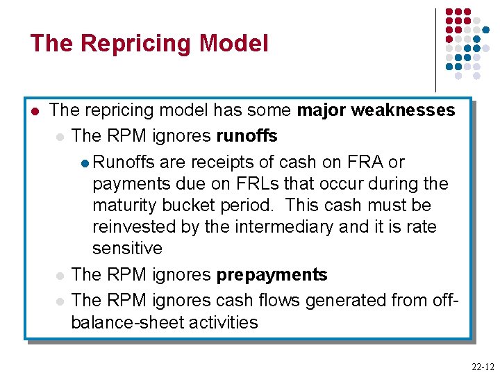 The Repricing Model l The repricing model has some major weaknesses l The RPM