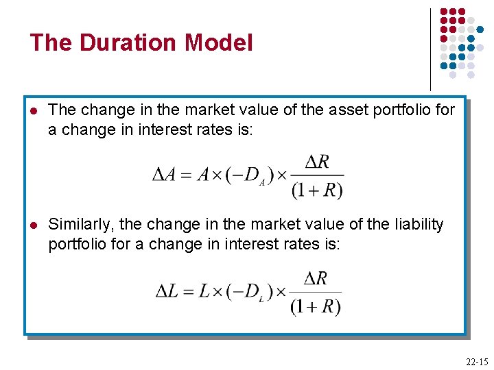 The Duration Model l The change in the market value of the asset portfolio