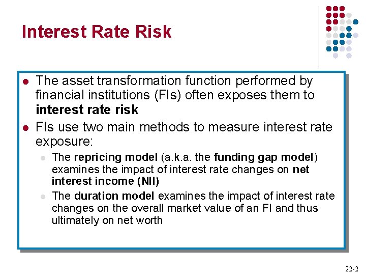 Interest Rate Risk l l The asset transformation function performed by financial institutions (FIs)
