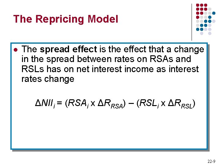 The Repricing Model l The spread effect is the effect that a change in