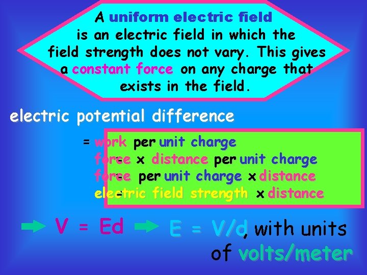 A uniform electric field is an electric field in which the field strength does