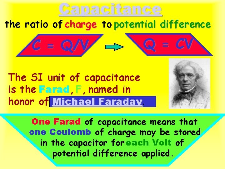 Capacitance the ratio of charge to potential difference C = Q/V Q = CV