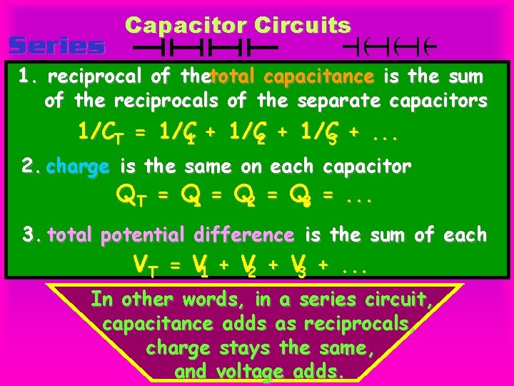 Series Capacitor Circuits 1. reciprocal of thetotal capacitance is the sum of the reciprocals