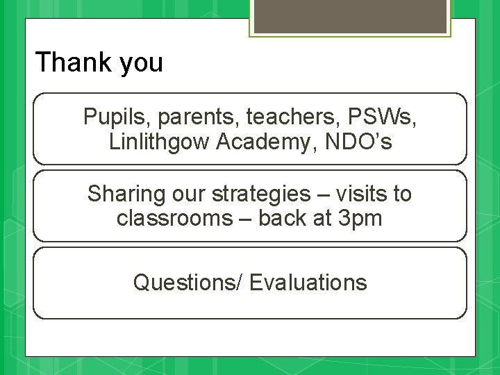 Thank you Pupils, parents, teachers, PSWs, Linlithgow Academy, NDO’s Sharing our strategies – visits