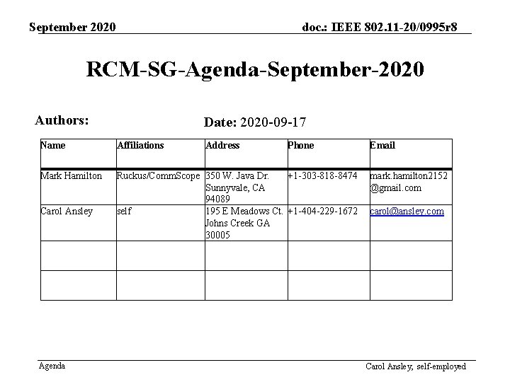 September 2020 doc. : IEEE 802. 11 -20/0995 r 8 RCM-SG-Agenda-September-2020 Authors: Date: 2020