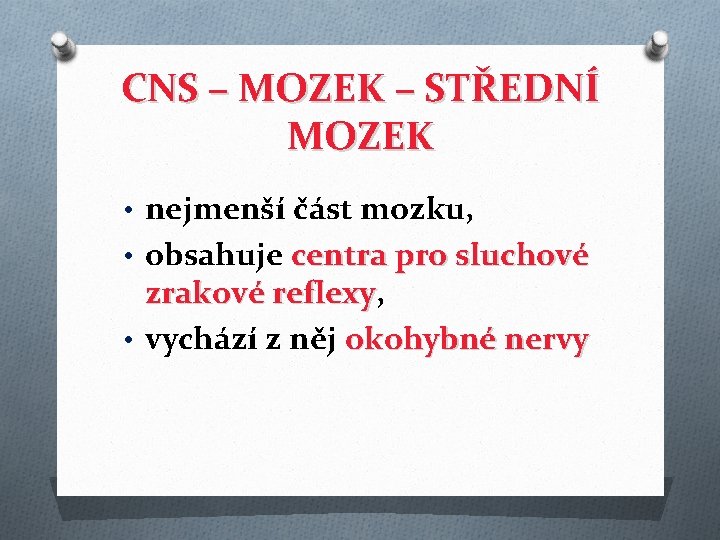 CNS – MOZEK – STŘEDNÍ MOZEK • nejmenší část mozku, • obsahuje centra pro