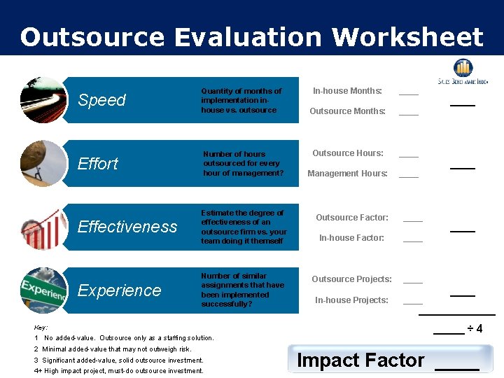 Outsource Evaluation Worksheet In-house Months: ____ Outsource Hours: ____ Management Hours: ____ Speed Quantity