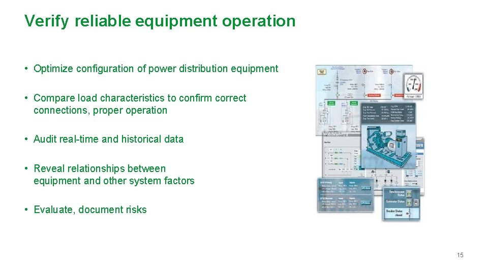 Verify reliable equipment operation • Optimize configuration of power distribution equipment • Compare load